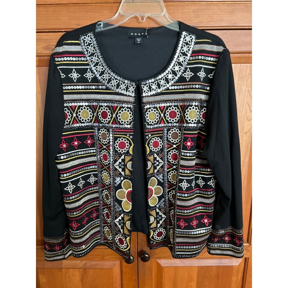 Beautful Weavz XL Black Embroidered Multicolor Geometric Jacket NWT